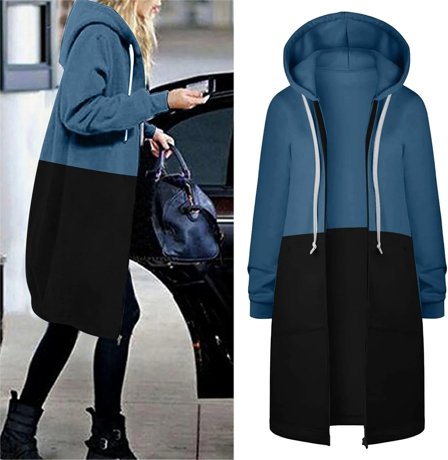 Muyise Women's Casual Zip Up Long Hoodies Tunic Sweatshirt Winter Warm Long Sleeve Hooded Outerwear Jacket Coat with Pockets