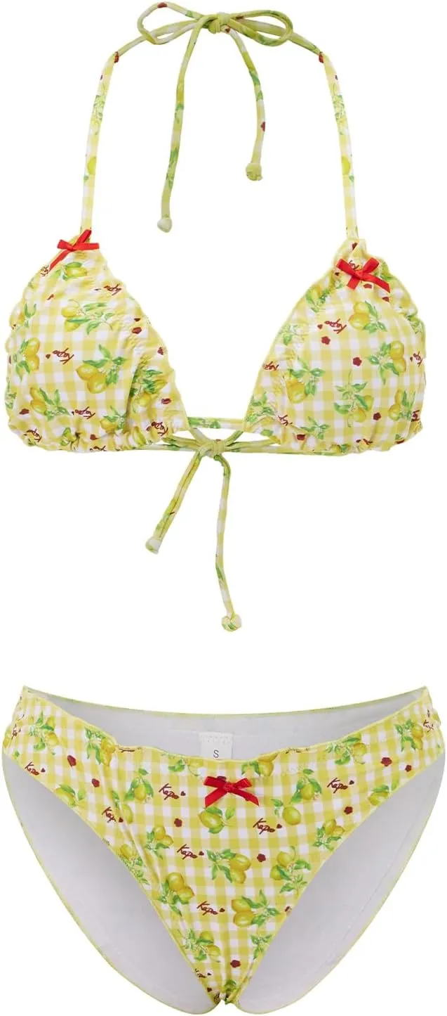 Mxiqqpltky Lace Trim Bikini Set for Women 2 Piece Y2k Bow Triangle Bikini Top and Thong Aesthetic Swimsuit Bathing Suit