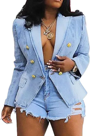 Nihsatin Women's Puff Sleeve Denim Tailored Blazer Double Breasted Flap Details Jeans Jacket