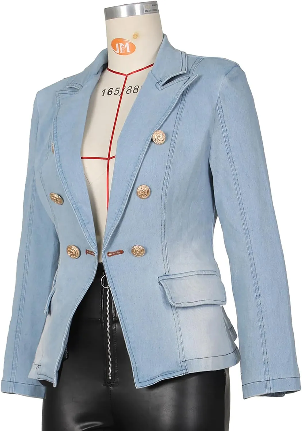 Nihsatin Women's Puff Sleeve Denim Tailored Blazer Double Breasted Flap Details Jeans Jacket