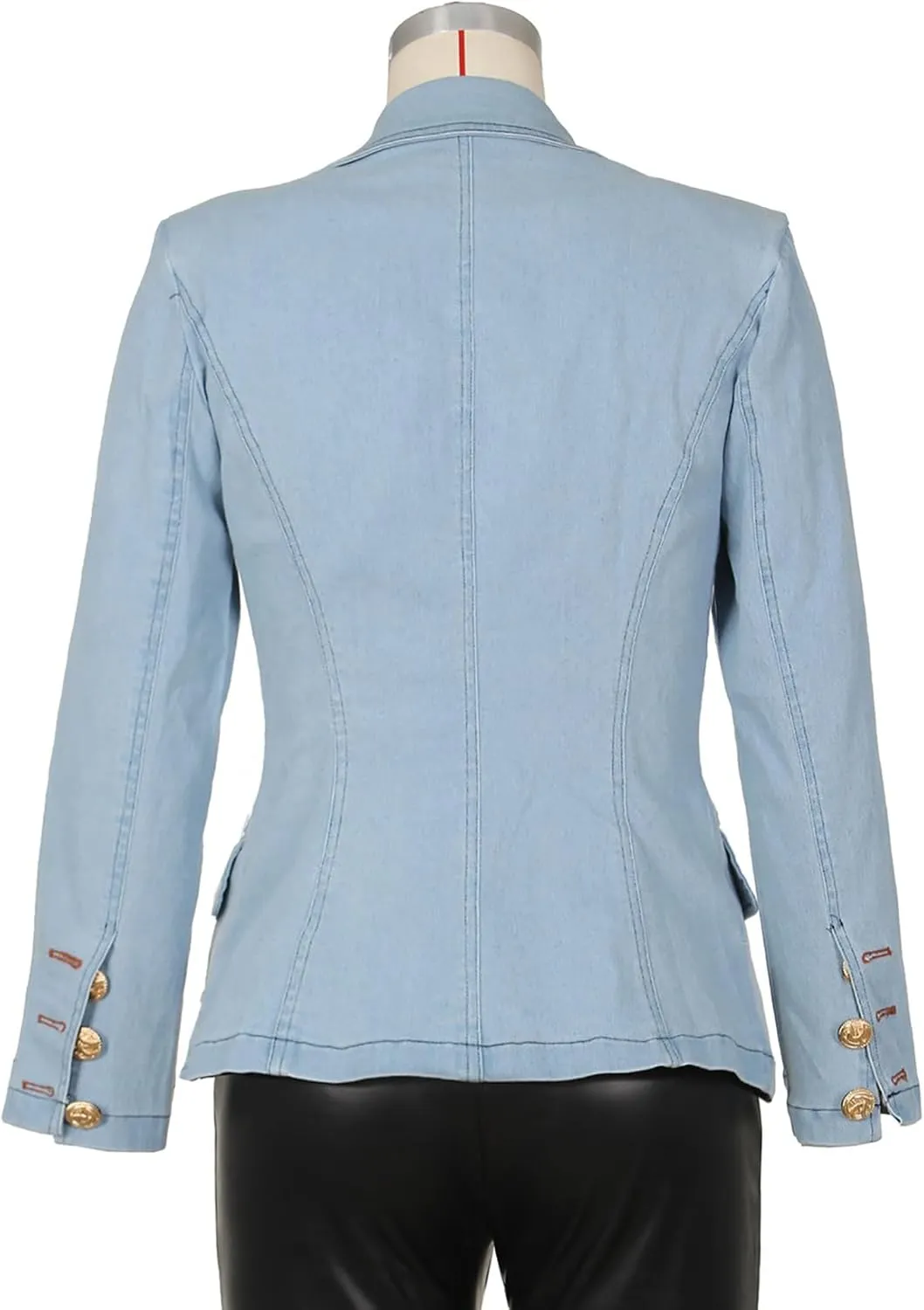 Nihsatin Women's Puff Sleeve Denim Tailored Blazer Double Breasted Flap Details Jeans Jacket