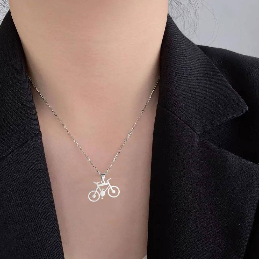 Novelty Bicycle Pendant Stainless Steel Necklace for Women Men Fashion Unique Sports Bike Charm Simple Adjustable Chain Choker Fine Necklaces Jewelry for Travel Cycling Lovers