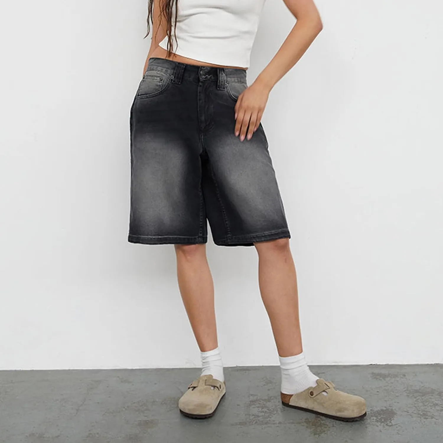NUFIWI Women Y2k Boyfriend Denim Shorts Low Waist Wide Leg Bermuda Shorts Straight Leg Summer Jean Shorts Streetwear