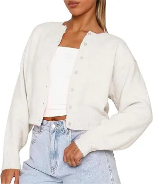 NUFIWI Women Y2k Knit Crop Cardigan Button Down Open Front Lightweight Shrug Sweater Long Sleeve Knitted Cropped Outwear
