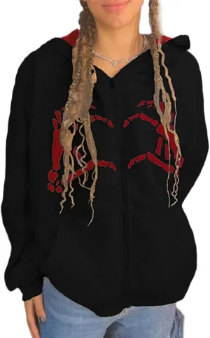 NUFIWI Womens Angel Print Oversized Hoodies Skull Skeleton Pattern Zip Up Jackets Y2K Autumn Winter Plus Size Sweatshirt