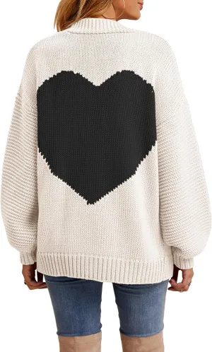Nulibenna Women Knitted Heart Patch Open Front Long Sleeve Chunky Oversized Cardigan Sweater Loose Valentine Outerwear Coat