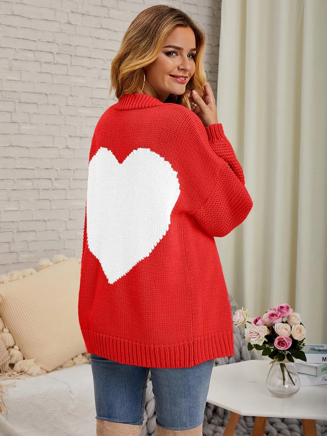 Nulibenna Women Knitted Heart Patch Open Front Long Sleeve Chunky Oversized Cardigan Sweater Loose Valentine Outerwear Coat