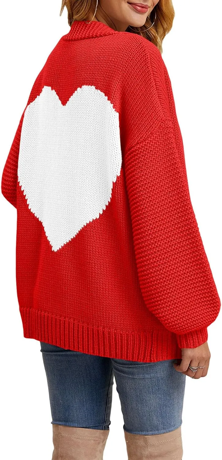 Nulibenna Women Knitted Heart Patch Open Front Long Sleeve Chunky Oversized Cardigan Sweater Loose Valentine Outerwear Coat