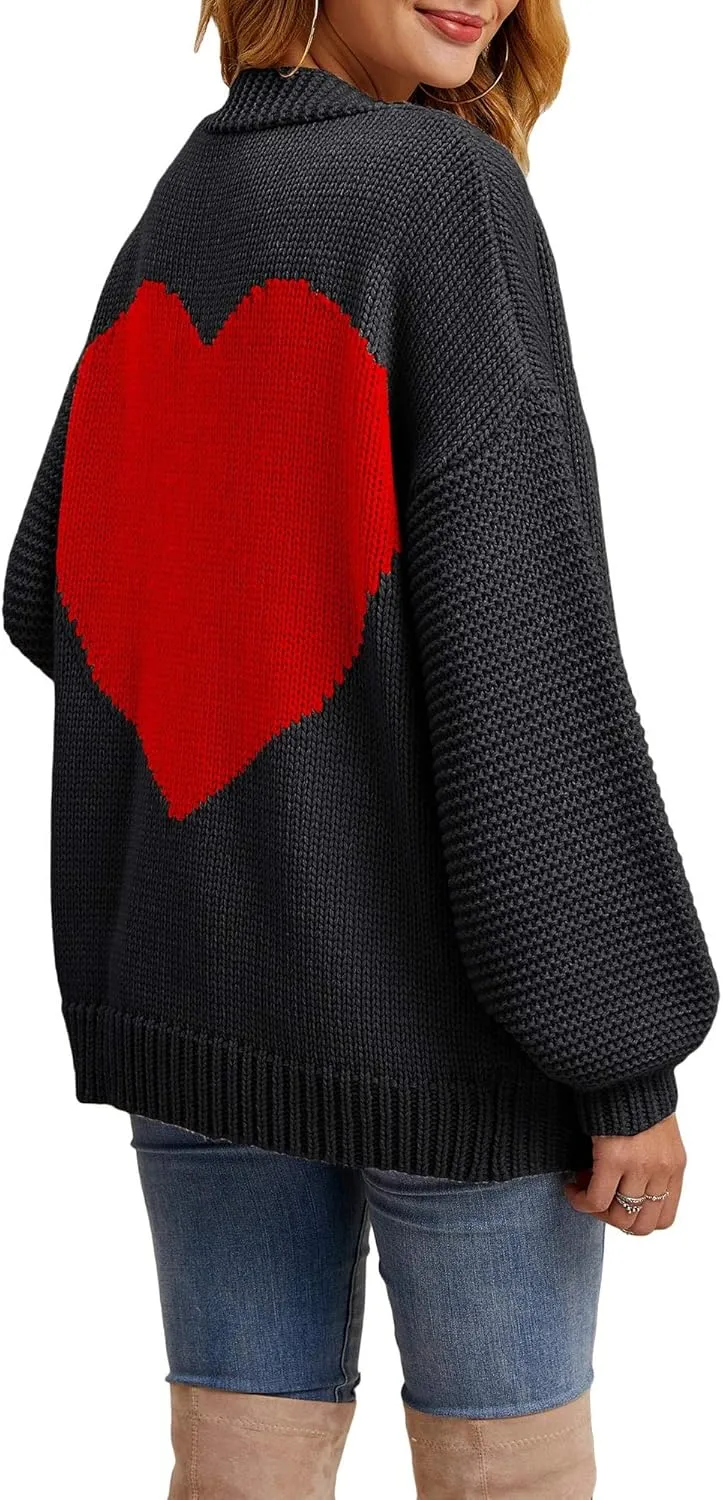 Nulibenna Women Knitted Heart Patch Open Front Long Sleeve Chunky Oversized Cardigan Sweater Loose Valentine Outerwear Coat