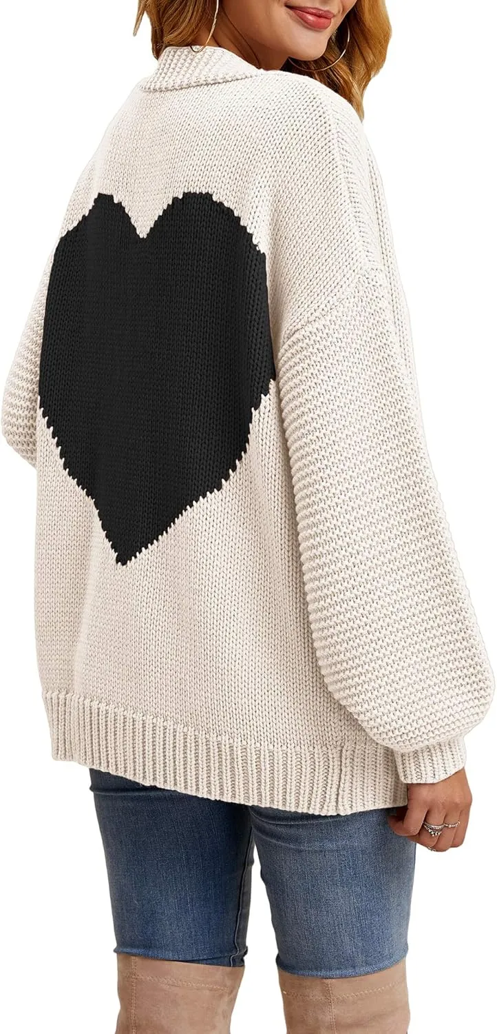 Nulibenna Women Knitted Heart Patch Open Front Long Sleeve Chunky Oversized Cardigan Sweater Loose Valentine Outerwear Coat