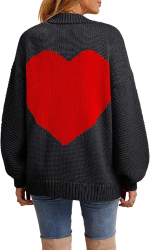 Nulibenna Women Knitted Heart Patch Open Front Long Sleeve Chunky Oversized Cardigan Sweater Loose Valentine Outerwear Coat