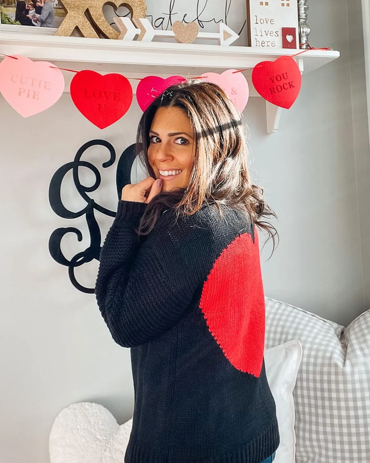Nulibenna Women Knitted Heart Patch Open Front Long Sleeve Chunky Oversized Cardigan Sweater Loose Valentine Outerwear Coat