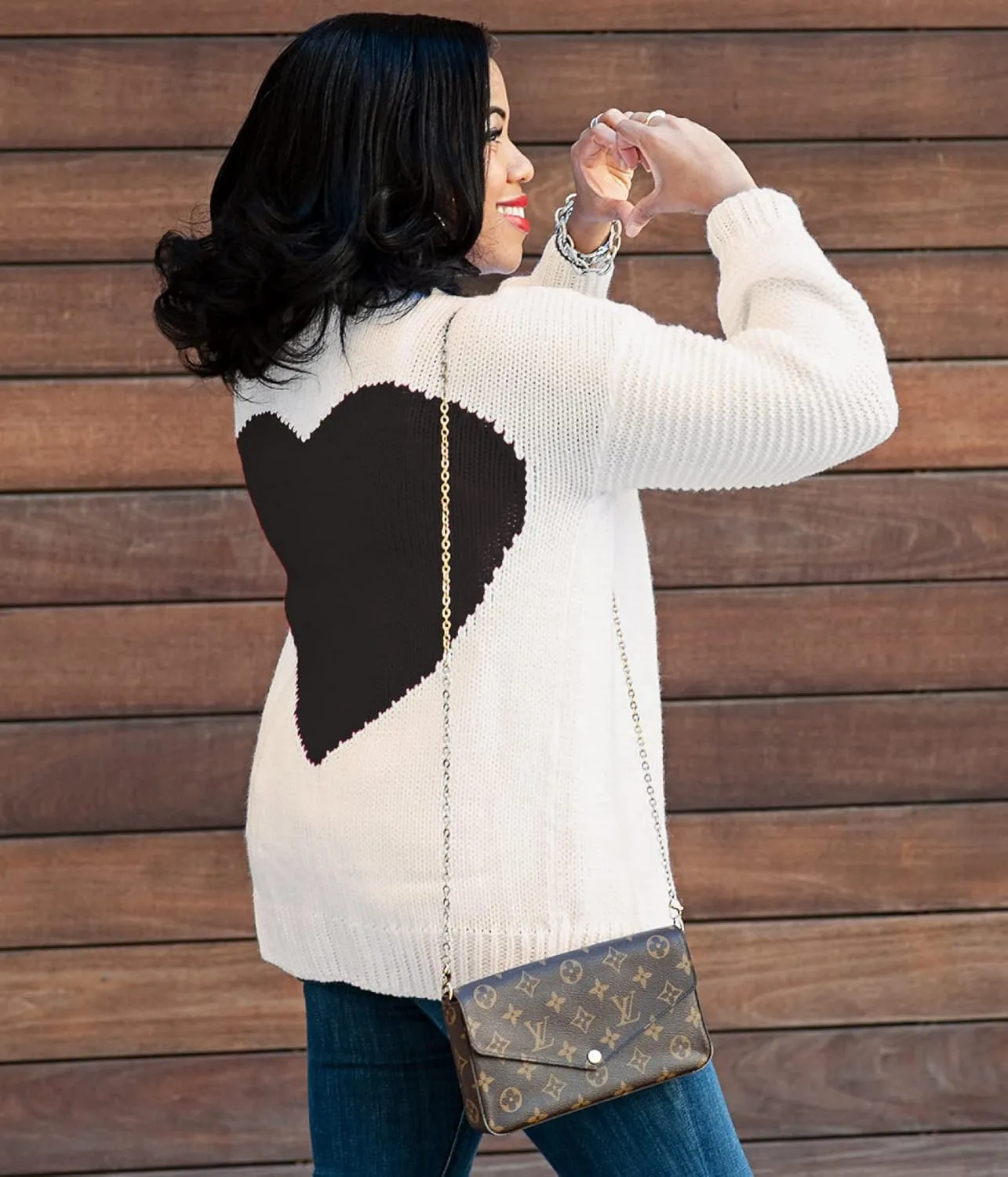 Nulibenna Women Knitted Heart Patch Open Front Long Sleeve Chunky Oversized Cardigan Sweater Loose Valentine Outerwear Coat