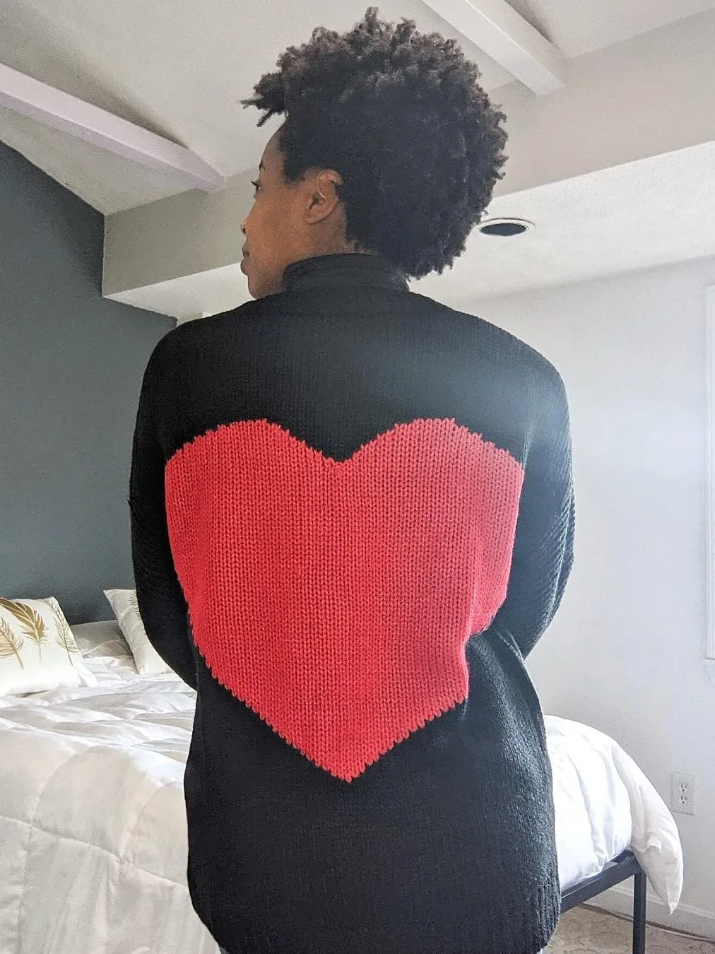 Nulibenna Women Knitted Heart Patch Open Front Long Sleeve Chunky Oversized Cardigan Sweater Loose Valentine Outerwear Coat