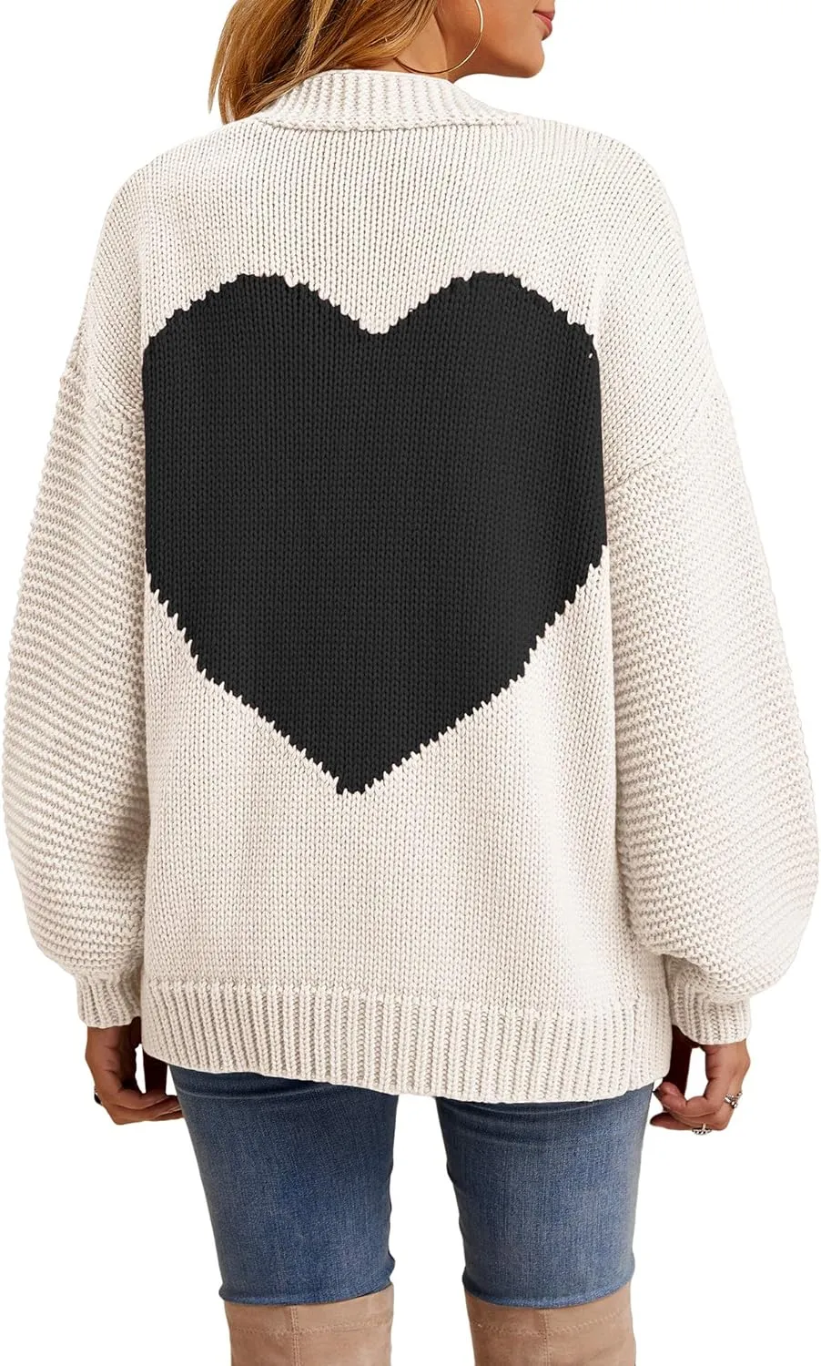 Nulibenna Women Knitted Heart Patch Open Front Long Sleeve Chunky Oversized Cardigan Sweater Loose Valentine Outerwear Coat
