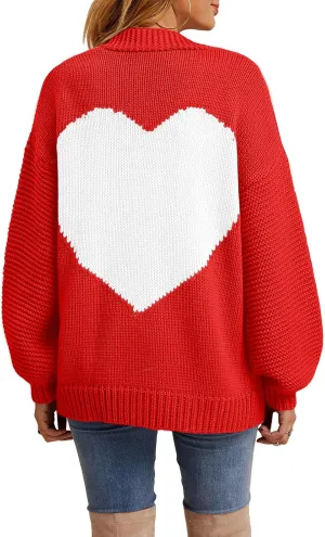 Nulibenna Women Knitted Heart Patch Open Front Long Sleeve Chunky Oversized Cardigan Sweater Loose Valentine Outerwear Coat