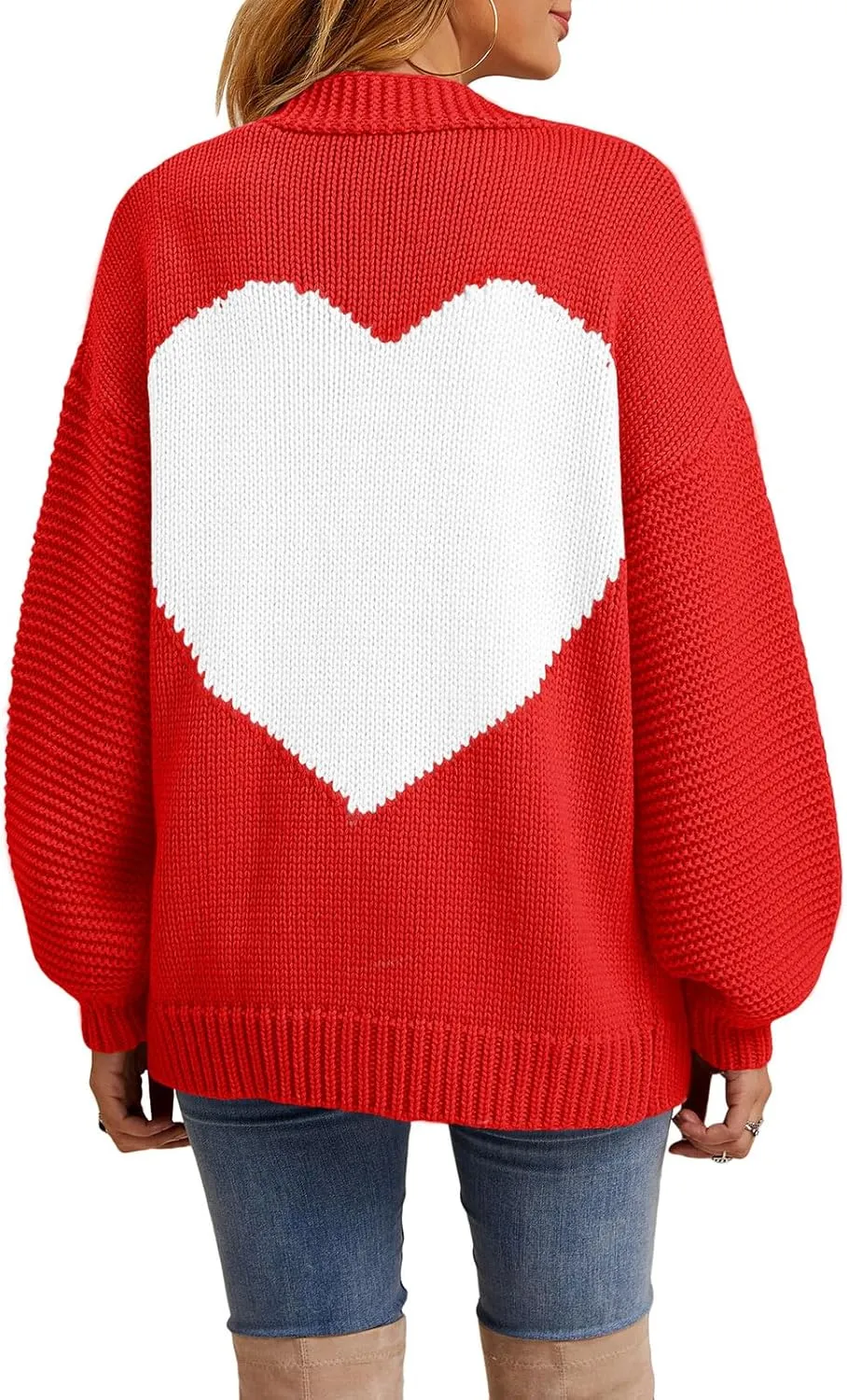 Nulibenna Women Knitted Heart Patch Open Front Long Sleeve Chunky Oversized Cardigan Sweater Loose Valentine Outerwear Coat