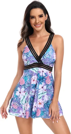 OBEEII Swim Dress for Women Contrast V Neck One Piece Swimsuit with Skirt Tummy Control Modest Bathing Suit Swimwear