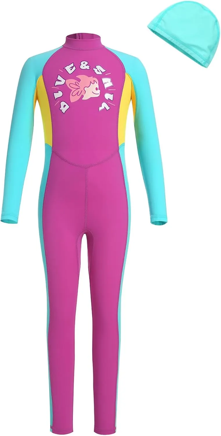 OBEEIIOBEEII Kids Full Body Swimsuit Boys Girls Long Sleeve Rash Guard Swimwear One Piece Bathing Suit Surfing Suit