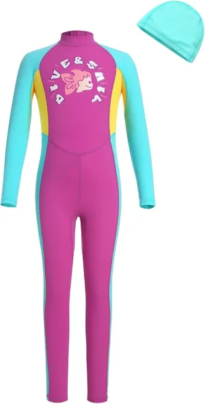 OBEEIIOBEEII Kids Full Body Swimsuit Boys Girls Long Sleeve Rash Guard Swimwear One Piece Bathing Suit Surfing Suit
