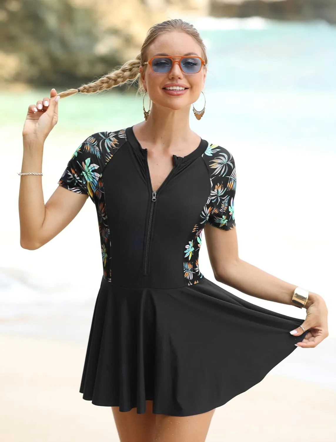 ODIZLI Women's Modest Swimming Suit Short Sleeve Zip Up Swimsuit Bathing Suit One Piece Swim Dress