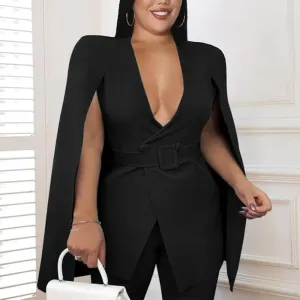 ONTINVA Women's Black Open Front Jacket Cape Blazer with Belt Slit Sleeve Work Office Business Collar Jackets Coat
