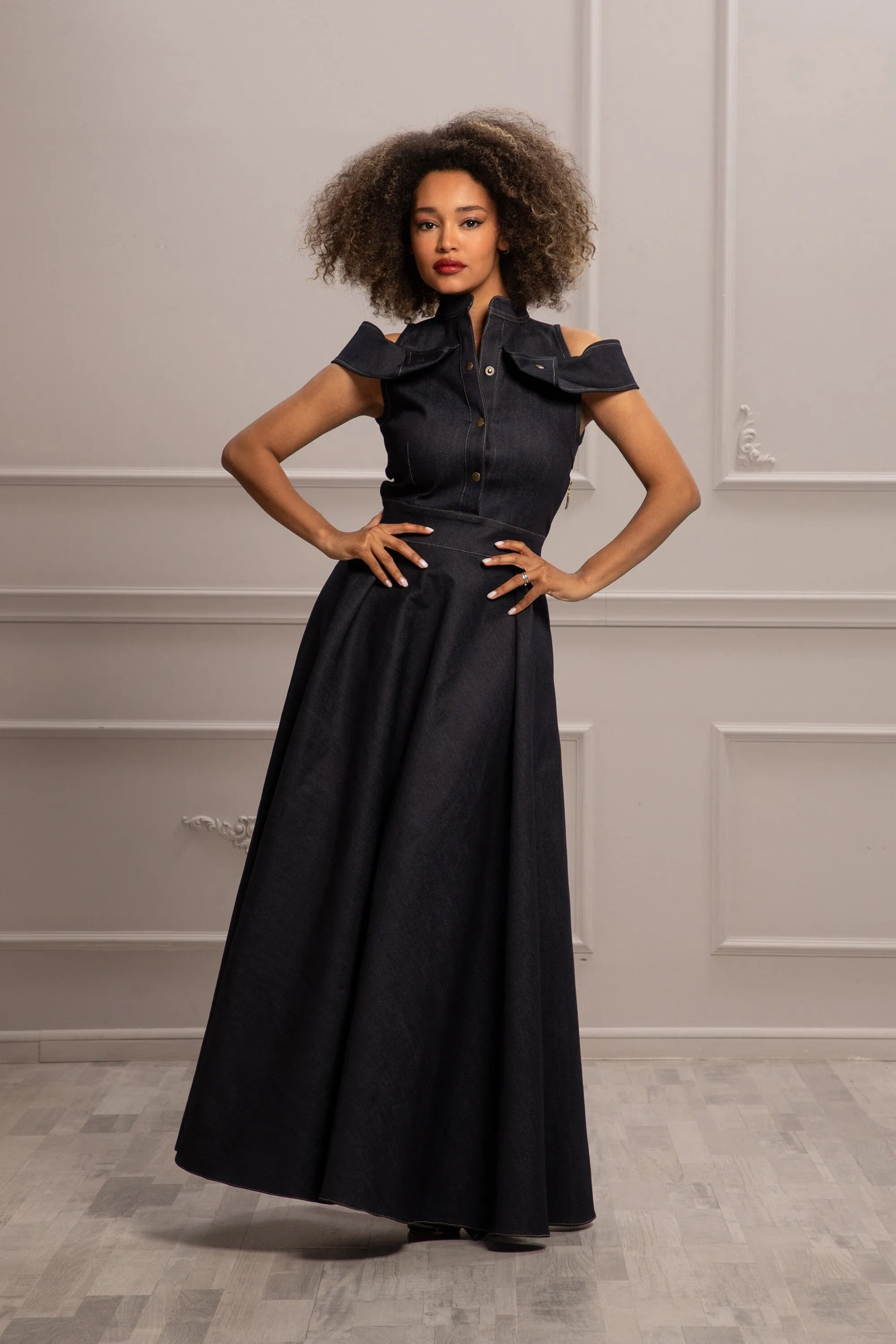 OPEN SHOULDERS DENIM DRESS