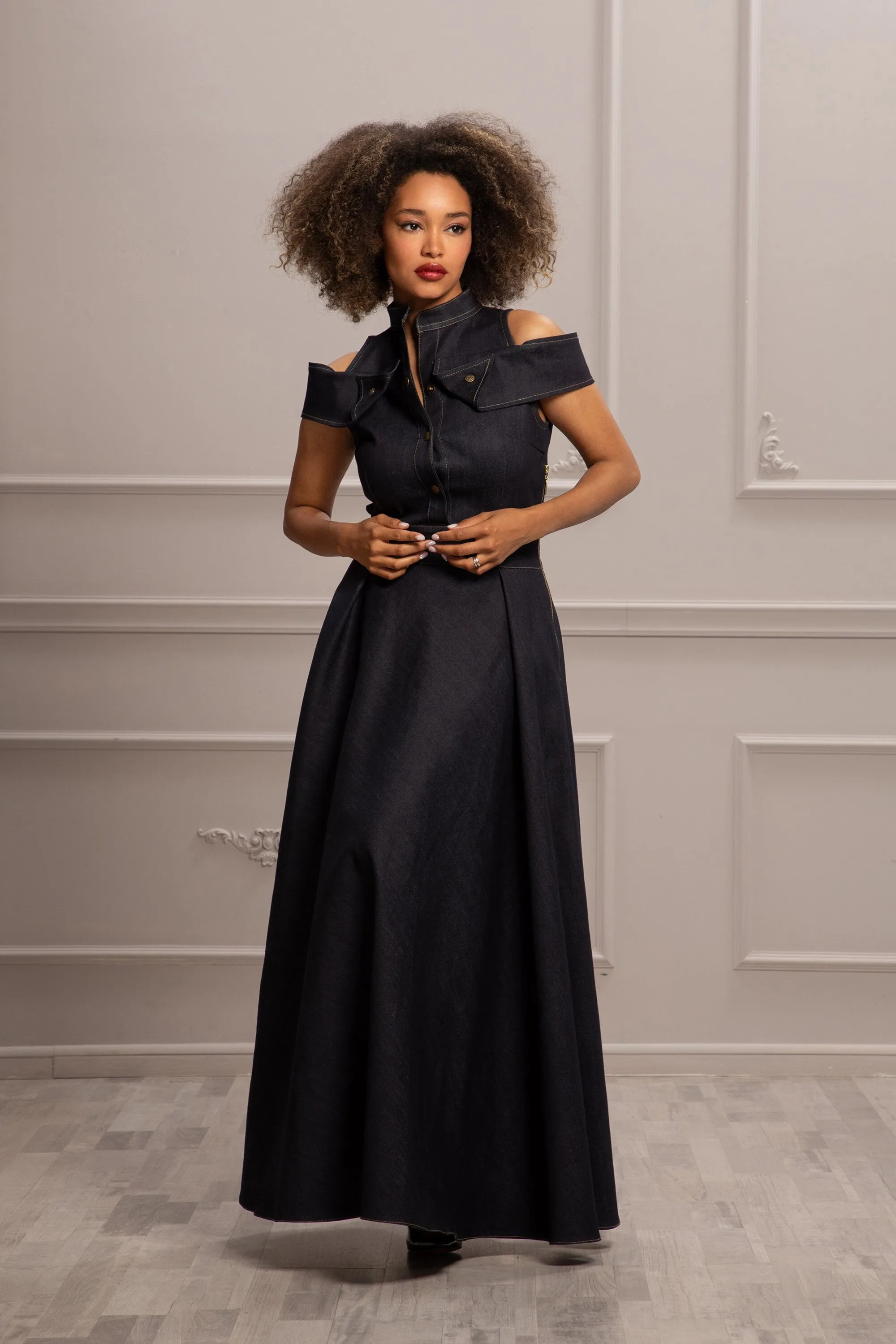 OPEN SHOULDERS DENIM DRESS