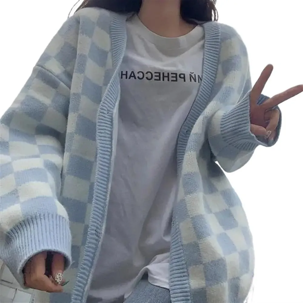 Oversized plaid cardigan sweater women's vintage checkerboard knit jacket long sleeve sweater women