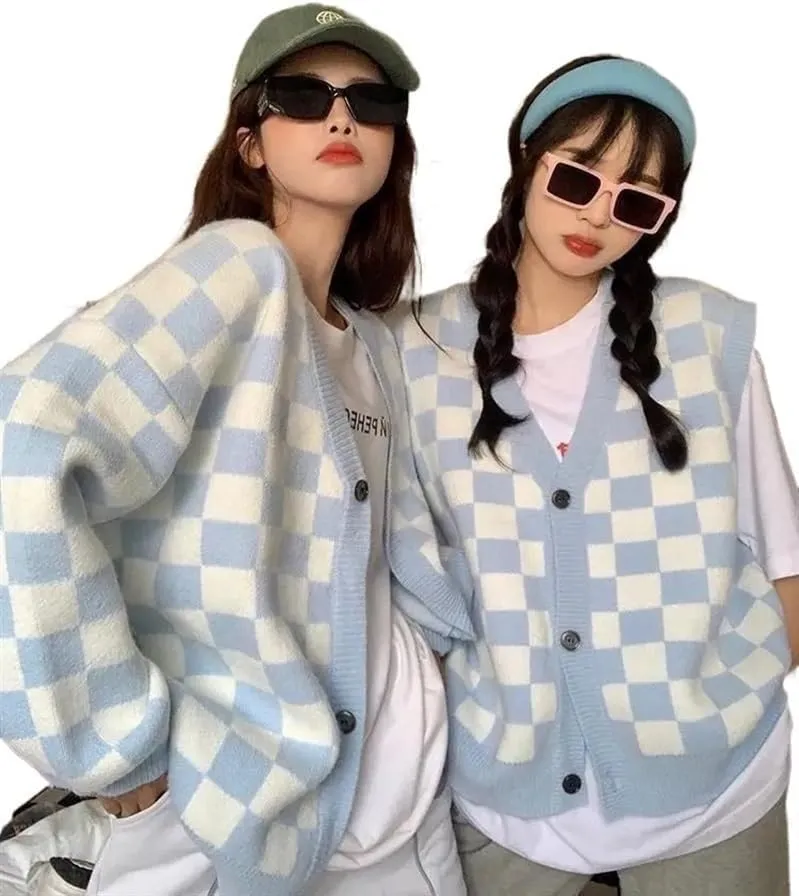 Oversized plaid cardigan sweater women's vintage checkerboard knit jacket long sleeve sweater women