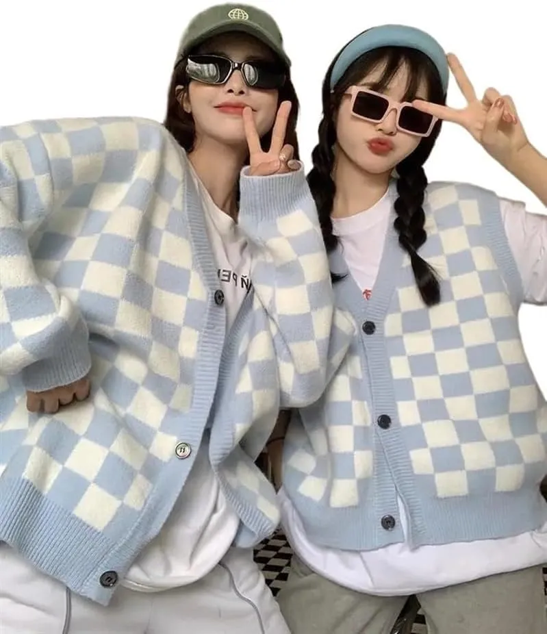 Oversized plaid cardigan sweater women's vintage checkerboard knit jacket long sleeve sweater women