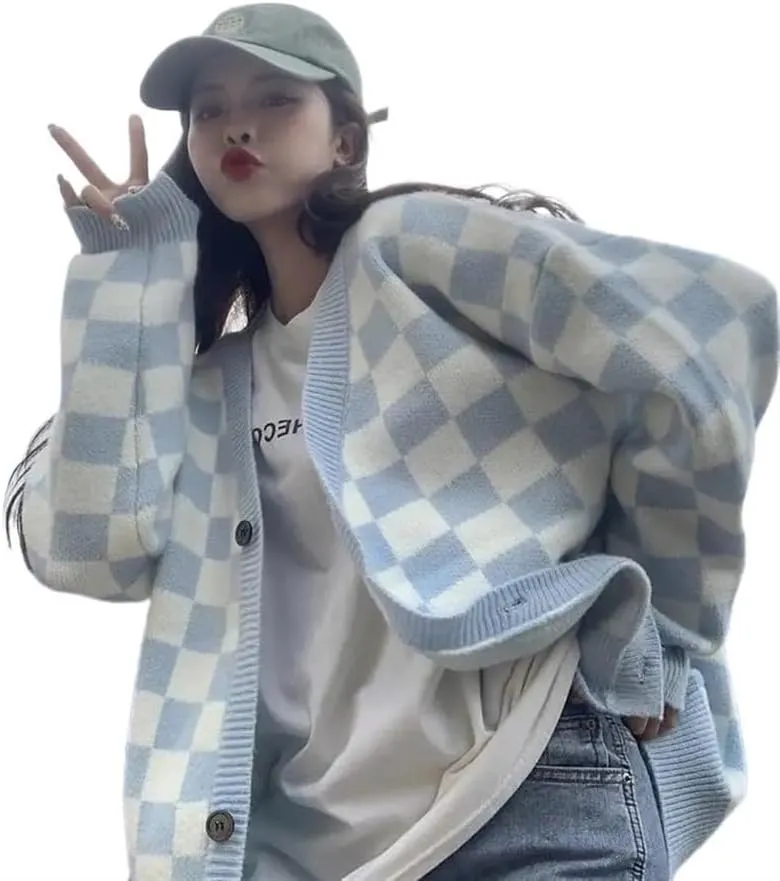 Oversized plaid cardigan sweater women's vintage checkerboard knit jacket long sleeve sweater women