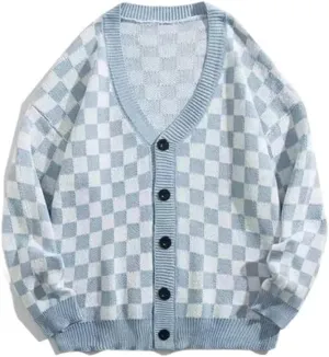 Oversized plaid cardigan sweater women's vintage checkerboard knit jacket long sleeve sweater women
