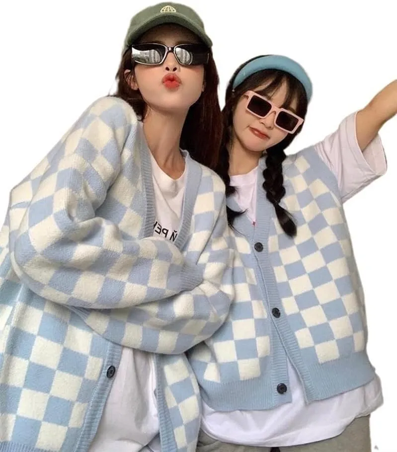 Oversized plaid cardigan sweater women's vintage checkerboard knit jacket long sleeve sweater women
