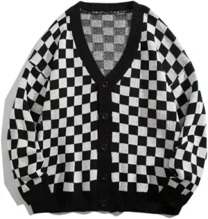 Oversized plaid cardigan sweater women's vintage checkerboard knit jacket long sleeve sweater women