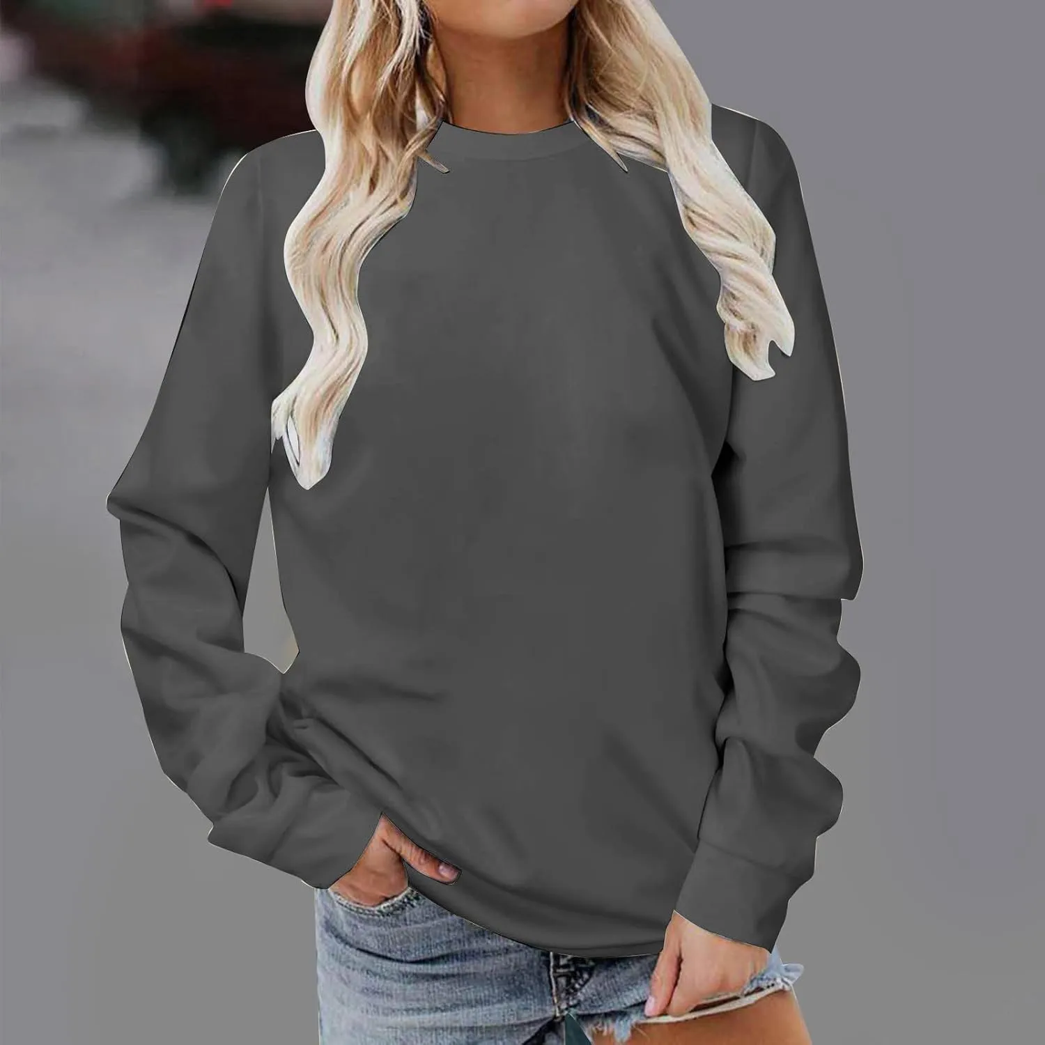 Oversized Sweatshirt for Women Long Sleeve Crewneck Sweatshirt Solid Color Casual Loose Sweatshirt Cute Pullover
