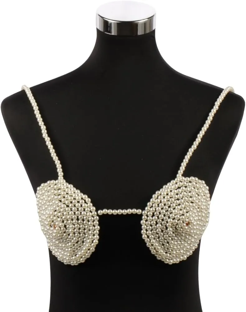 Pearl Body Chain for Women White Beads Statement Chunky Necklace Cover Up Crop Top Bra Jewelry Costume Accessories