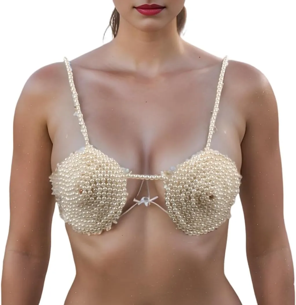 Pearl Body Chain for Women White Beads Statement Chunky Necklace Cover Up Crop Top Bra Jewelry Costume Accessories