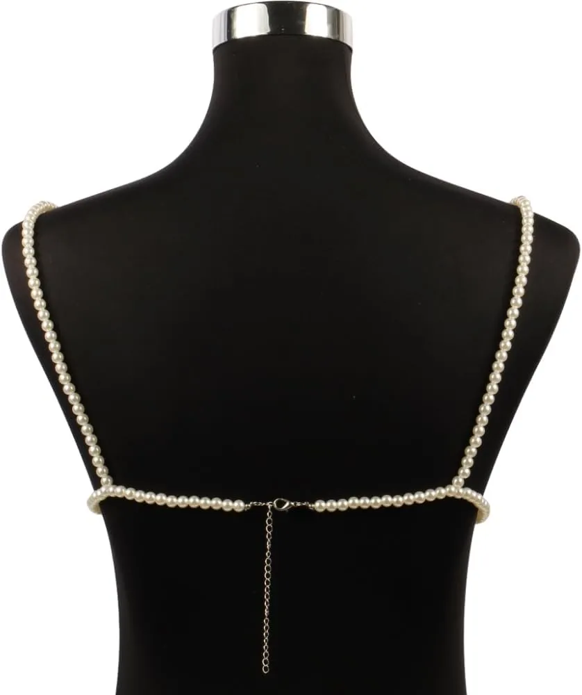 Pearl Body Chain for Women White Beads Statement Chunky Necklace Cover Up Crop Top Bra Jewelry Costume Accessories