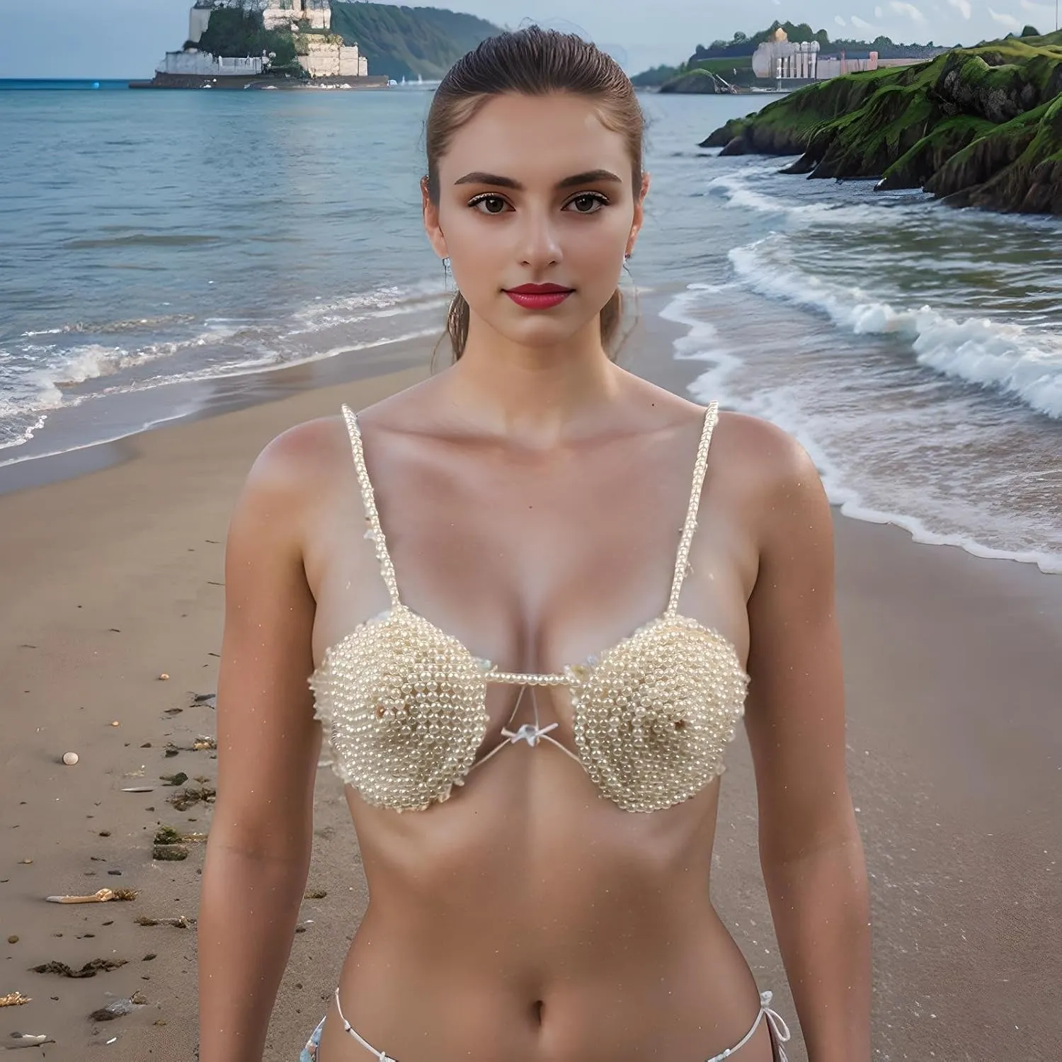 Pearl Body Chain for Women White Beads Statement Chunky Necklace Cover Up Crop Top Bra Jewelry Costume Accessories
