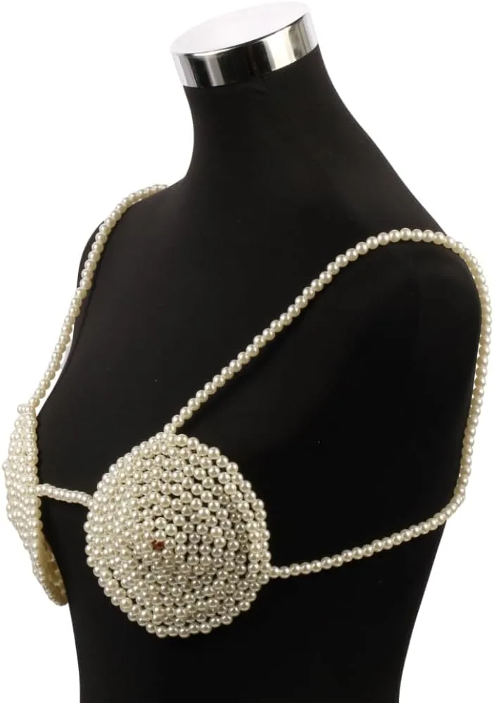 Pearl Body Chain for Women White Beads Statement Chunky Necklace Cover Up Crop Top Bra Jewelry Costume Accessories