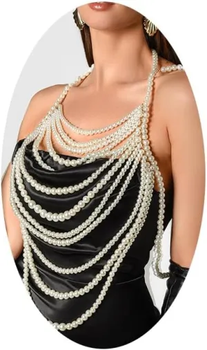 Pearl Body Chain Layered Pearl Bra Shoulder Necklace Top Bra Chain Rave Party Body Jewelry for Women