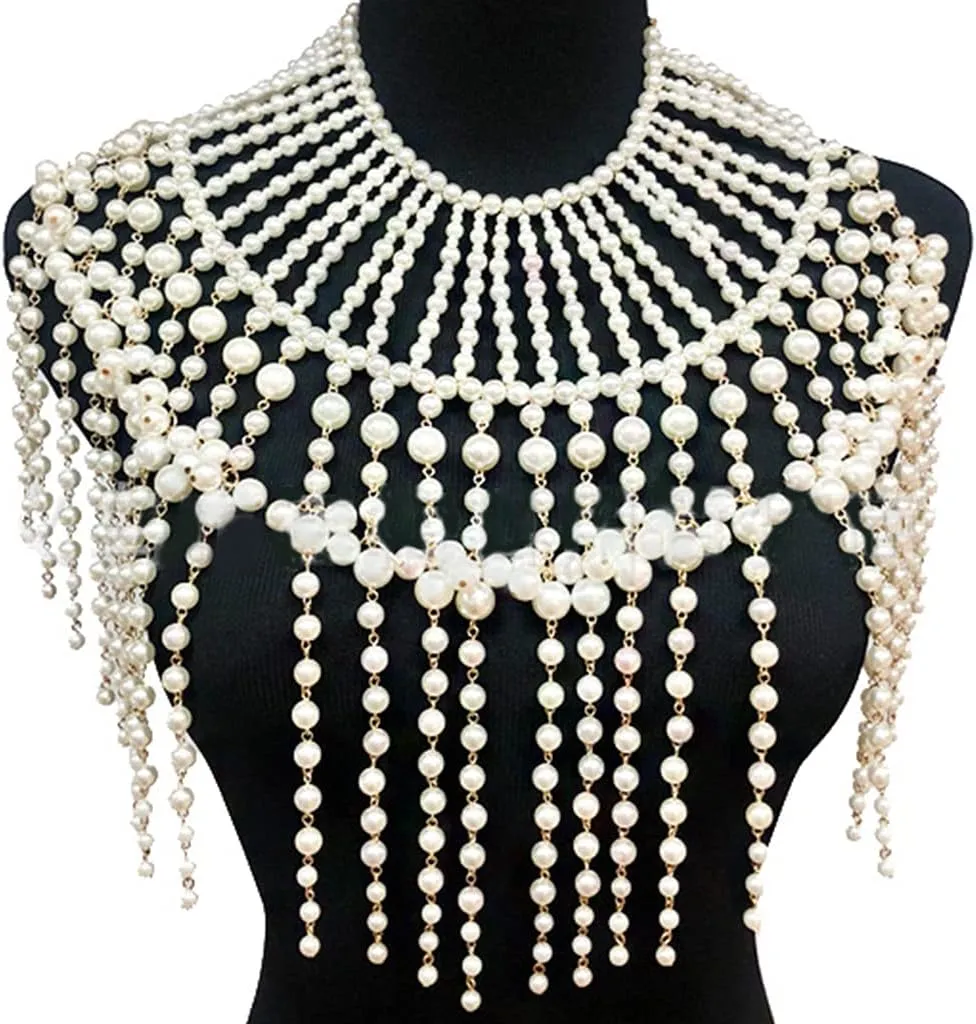Pearl Shawl Layered Jewelry Shoulder Body Chain Harness Pearl Beaded Necklace Collar