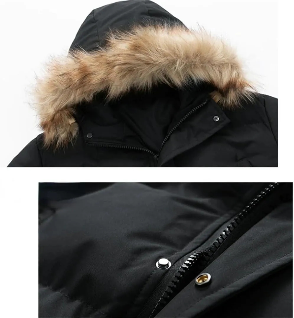 Pegsmio Men's Winter Hooded Jacket Long Thick Warm Down Cotton Padded Coat Couple's Casual Large Pocket Windbreak Parka