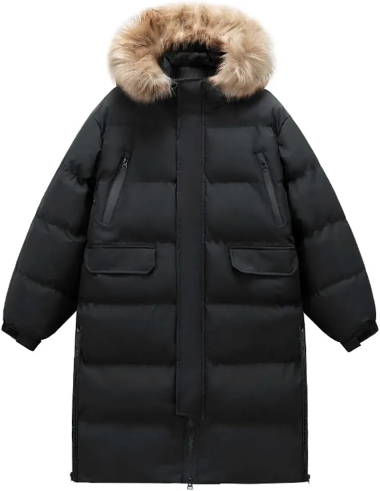 Pegsmio Men's Winter Hooded Jacket Long Thick Warm Down Cotton Padded Coat Couple's Casual Large Pocket Windbreak Parka