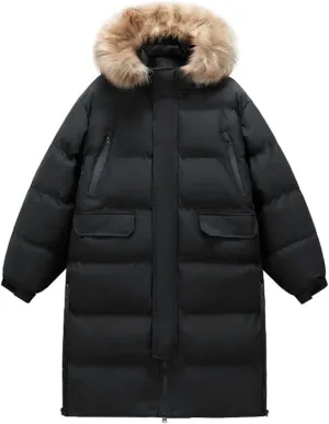 Pegsmio Men's Winter Hooded Jacket Long Thick Warm Down Cotton Padded Coat Couple's Casual Large Pocket Windbreak Parka