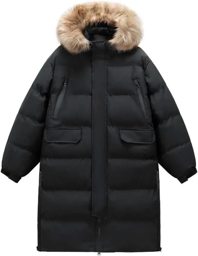Pegsmio Men's Winter Hooded Jacket Long Thick Warm Down Cotton Padded Coat Couple's Casual Large Pocket Windbreak Parka