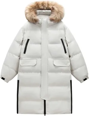 Pegsmio Men's Winter Hooded Jacket Long Thick Warm Down Cotton Padded Coat Couple's Casual Large Pocket Windbreak Parka
