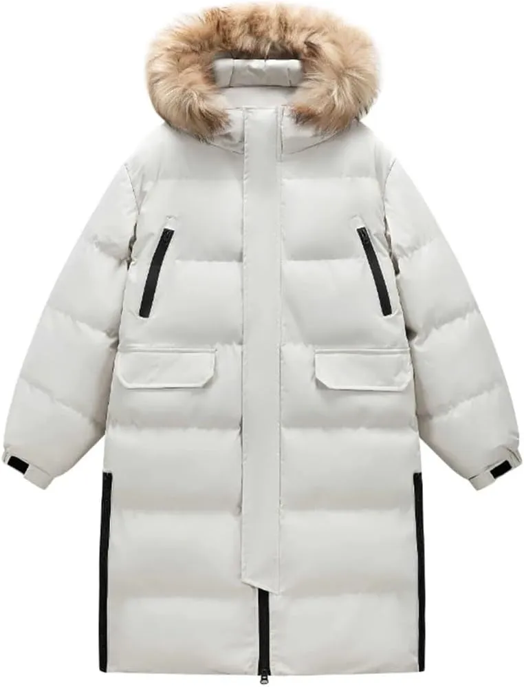 Pegsmio Men's Winter Hooded Jacket Long Thick Warm Down Cotton Padded Coat Couple's Casual Large Pocket Windbreak Parka