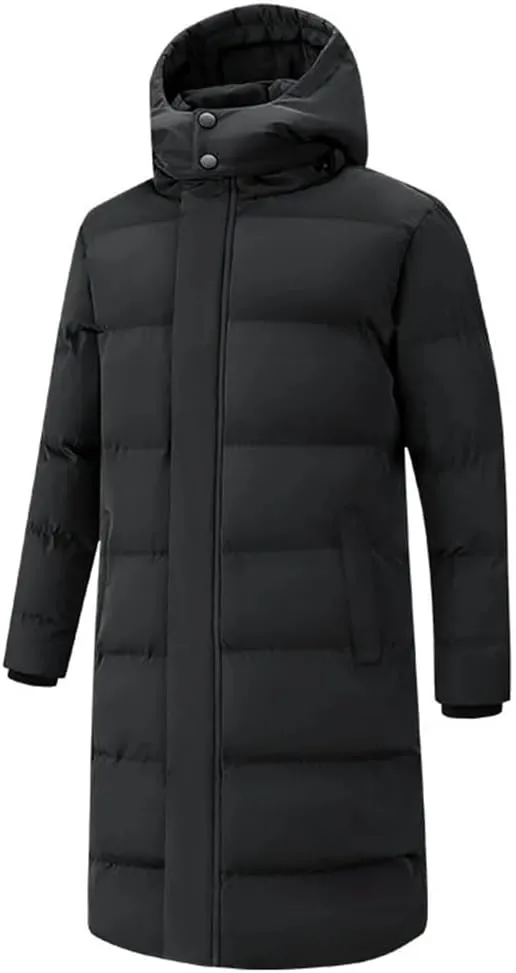 Pegsmio Men's Winter Jacket Long Solid Color Warm Detachable Hooded Parka Snow Thick Down Cotton Padded Coat